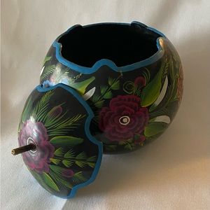 Gorgeous Vintage Folk Art Hand Painted Floral Gourd Trinket Box with Lid